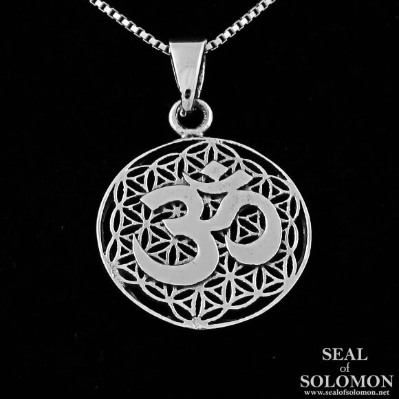 Sterling Silver Ohm Aum Symbol on Flower of Life Necklace