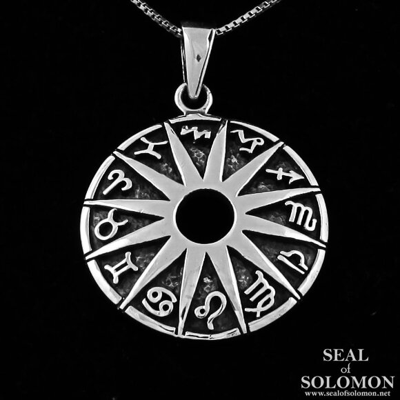 12 Pointed Star in Astrological Symbols Circle Necklace in 925 Silver