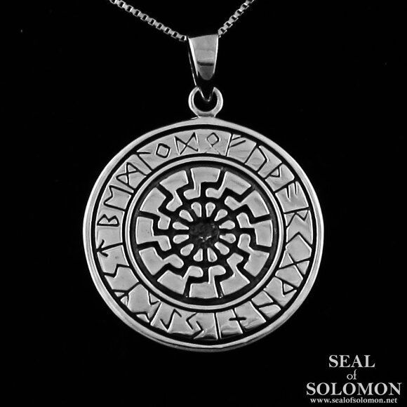 Slavic Black Runic Sun Wheel Mandala Necklace in Sterling Silver